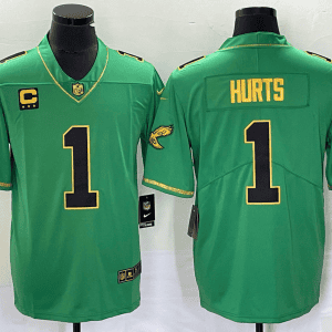 Philadelphia Eagles #1 Jalen Hurts Green Gold Vapor Limited With C Patch Stitched Jersey