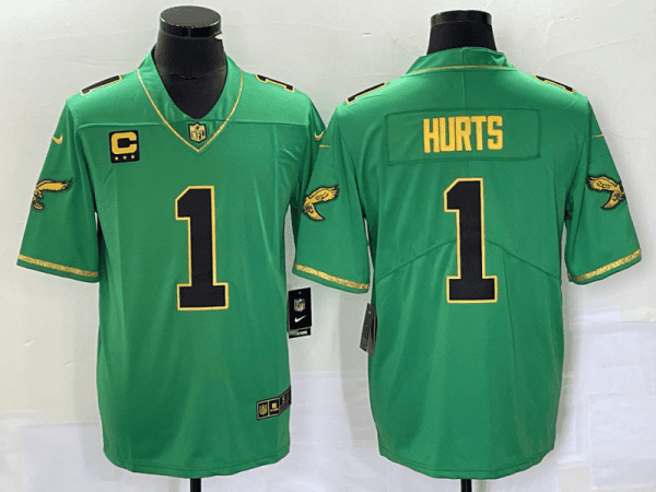 Philadelphia Eagles #1 Jalen Hurts Green Gold Vapor Limited With C Patch Stitched Jersey