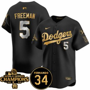 Los Angeles Dodgers #5 Freddie Freeman Black Gold 2024 World Series Champions Fernando Memorial Patch Vapor Premier Limited Stitched Jersey