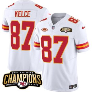 Kansas City Chiefs #87 Travis Kelce White 2023 F.U.S.E. AFC West Champions With "NKH" Patch Vapor Untouchable Limited Stitched Jersey