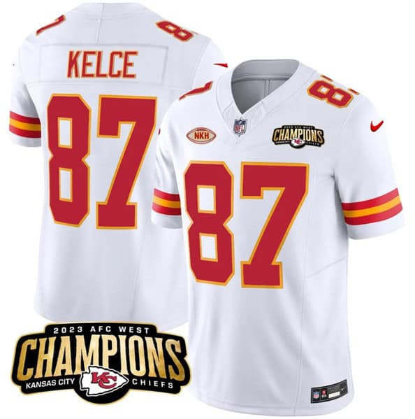 Kansas City Chiefs #87 Travis Kelce White 2023 F.U.S.E. AFC West Champions With "NKH" Patch Vapor Untouchable Limited Stitched Jersey