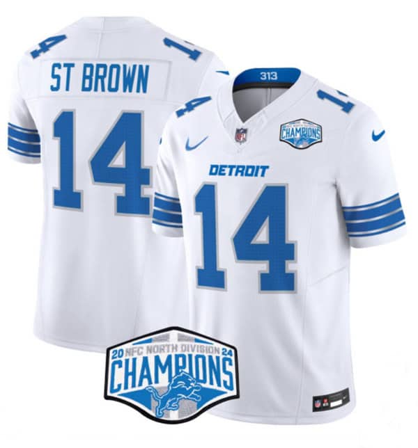 Detroit Lions #14 Amon-Ra St. Brown White 2024 NFC North Champions F.U.S.E. Vapor Limited Stitched Jersey