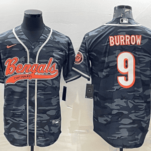 Cincinnati Bengals #9 Joe Burrow Grey Camo With Patch Cool Base Stitched Baseball Jersey