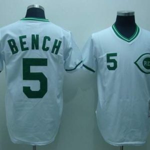 Mitchell And Ness Reds #5 Johnny Bench Stitched White Green Patch Throwback Jersey