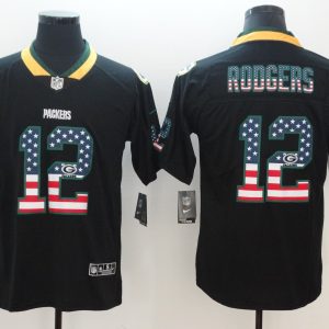 Packers #12 Aaron Rodgers 2018 Black USA Flag Color Rush Limited Fashion Stitched Jersey