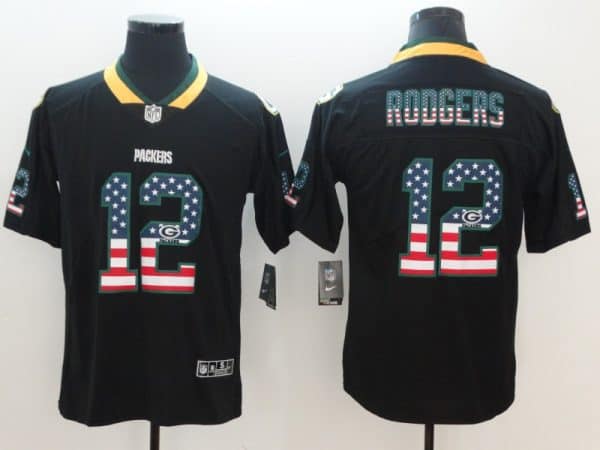 Packers #12 Aaron Rodgers 2018 Black USA Flag Color Rush Limited Fashion Stitched Jersey