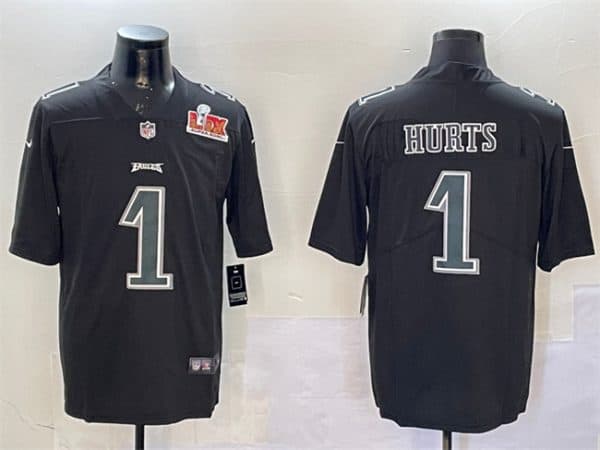 Philadelphia Eagles #1 Jalen Hurts Black 2025 Super Bowl LIX Patch Fashion Vapor Untouchable Limited Stitched Jersey