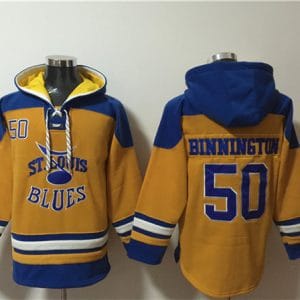 St. Louis Blues #50 Jordan Binnington Yellow Ageless Must-Have Lace-Up Pullover Hoodie