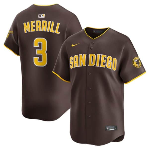 San Diego Padres #3 Jackson Merrill Brown 2024 Away Limited Stitched Jersey