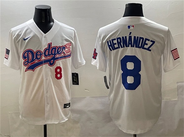 Los Angeles Dodgers #8 Enrique Hernandez White With American Flag Patch Limited Stitched Jersey