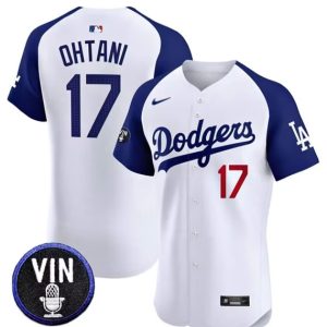 Los Angeles Dodgers #17 Shohei Ohtani White Vin Scully Patch Stitched Jersey