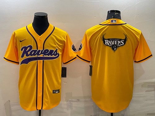 Baltimore Ravens Yellow Team Big Logo With Patch Cool Base Stitched Baseball Jersey