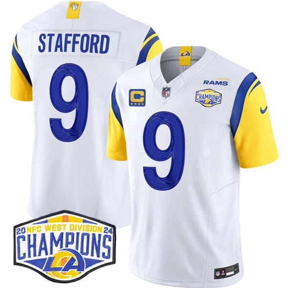 Los Angeles Rams #9 Matthew Stafford White 2024 NFC West Champions With 4-Star C Patch F.U.S.E. Vapor Untouchable Stitched Jersey