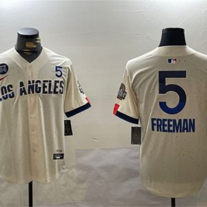 Los Angeles Dodgers #5 Freddie Freeman Cream 2024 World Series With Fernando Memorial Patch City Connect Limited Stitched Jersey
