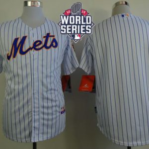 Mets Blank White(Blue Strip) Home Cool Base W 2015 World Series Patch Stitched Jersey