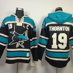 Sharks #19 Joe Thornton Black Sawyer Hooded Sweatshirt Stitched Jersey