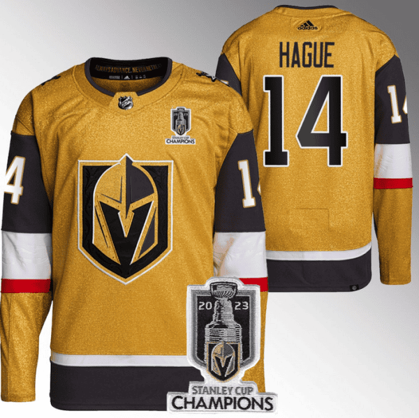 Vegas Golden Knights #14 Nicolas Hague Gold 2023 Stanley Cup Champions Stitched Jersey