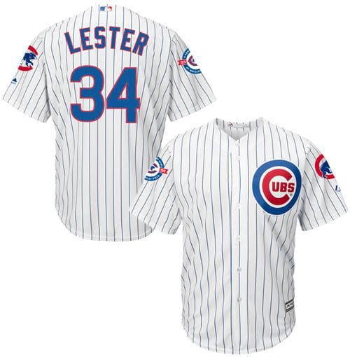 Cubs #34 Jon Lester White Strip New Cool Base With 100 Years At Wrigley Field Commemorative Patch Stitched Jersey