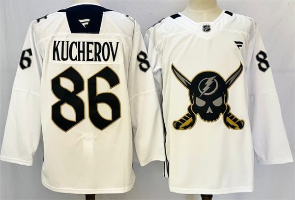 Tampa Bay Lightning #86 Nikita Kucherov 2024-25 White Gasparilla Inspired Pirate-Themed Warmup Stitched Jersey