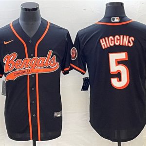 Cincinnati Bengals #5 Tee Higgins Black With Patch Cool Base Stitched Jersey