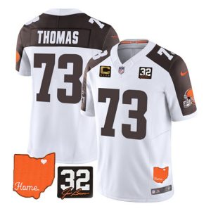 Cleveland Browns #73 Joe Thomas White Brown 2023 F.U.S.E. With Jim Brown Memorial Patch And 4-Star C Patch Vapor Untouchable Limited Stitched Jersey