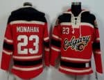 Flames #23 Sean Monahan Red Black Sawyer Hooded Sweatshirt Stitched Jersey