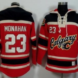 Flames #23 Sean Monahan Red Black Sawyer Hooded Sweatshirt Stitched Jersey