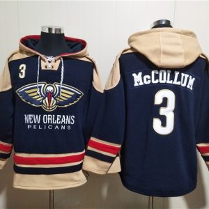 New Orleans Pelicans #3 CJ McCollum Navy Ageless Must-Have Lace-Up Pullover Hoodie