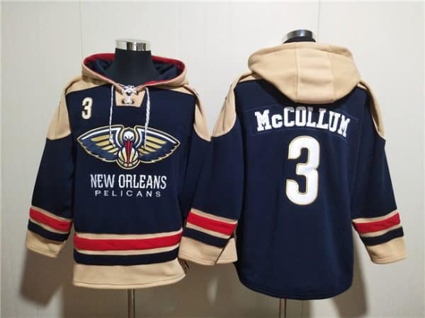 New Orleans Pelicans #3 CJ McCollum Navy Ageless Must-Have Lace-Up Pullover Hoodie
