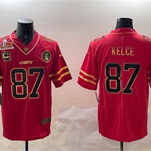 Kansas City Chiefs #87 Travis Kelce Red Gold 2025 Super Bowl LIX Patch And 4-Star C Patch Vapor Untouchable Limited Stitched Jersey