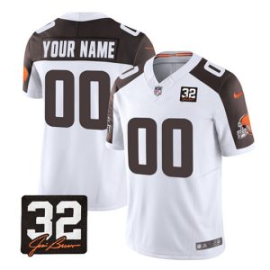 Cleveland Browns Custom White Brown 2023 F.U.S.E. With Jim Brown Memorial Patch Vapor Untouchable Limited Stitched Jersey