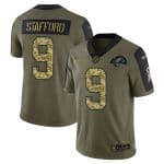 Los Angeles Rams #9 Matthew Stafford 2021 Olive Camo Salute To Service Limited Stitched Jersey
