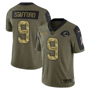 Los Angeles Rams #9 Matthew Stafford 2021 Olive Camo Salute To Service Limited Stitched Jersey
