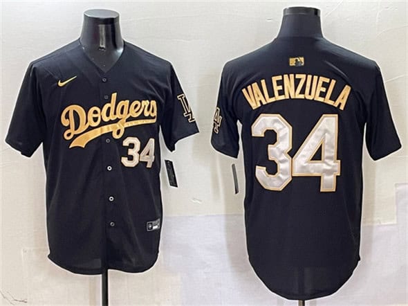 Los Angeles Dodgers #34 Fernando Valenzuela Black Gold Limited Stitched Jersey