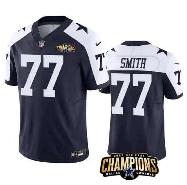Dallas Cowboys #77 Tyron Smith Navy White 2023 F.U.S.E. NFC East Champions Patch Stitched Jersey