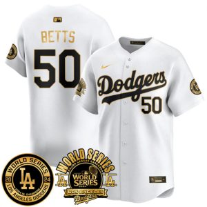 Los Angeles Dodgers #50 Mookie Betts White Gold 2024 World Series Patch Vapor Premier Limited Stitched Jersey