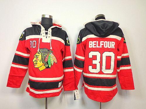 Blackhawks #30 ED Belfour Red Sawyer Hooded Sweatshirt Stitched Jersey