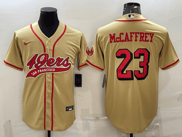San Francisco 49ers #23 Christian McCaffrey New Gold With Patch Cool Base Stitched Baseball Jersey