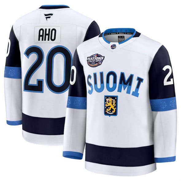 Finland #20 Sebastian Aho White 2025 4 Nations Face-Off Premium Stitched Jersey
