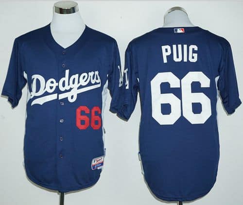 Dodgers #66 Yasiel Puig Navy Blue Cooperstown Stitched Jersey
