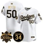 Los Angeles Dodgers #50 Mookie Betts White Gold 2024 World Champions Fernando Memorial Patch Vapor Premier Limited Stitched Jersey