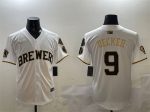 Milwaukee Brewers #9 Bob Uecker White Gold With Home Patch Limited Stitched Jersey