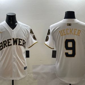Milwaukee Brewers #9 Bob Uecker White Gold With Home Patch Limited Stitched Jersey