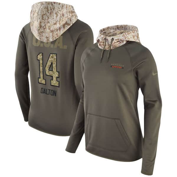Cincinnati Bengals #14 Andy Dalton Olive Salute To Service Sideline Therma Pullover Hoodie
