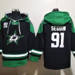 Dallas Stars #91 Tyler Seguin Black Green Lace-Up Pullover Hoodie