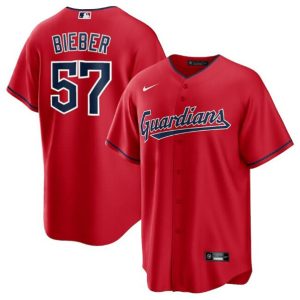 Cleveland Guardians #57 Shane Bieber Red Cool Base Stitched Baseball Jersey