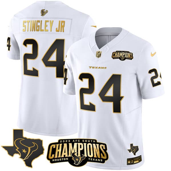 Houston Texans #24 Derek Stingley Jr. White Golden 2023 F.U.S.E. With AFC South Champions Patch And Team Logo Patch Limited Stitched Jersey