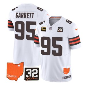 Cleveland Browns #95 Myles Garrett White 2023 F.U.S.E. With Jim Brown Memorial Patch And 4-Star C Patch Vapor Untouchable Limited Stitched Jersey