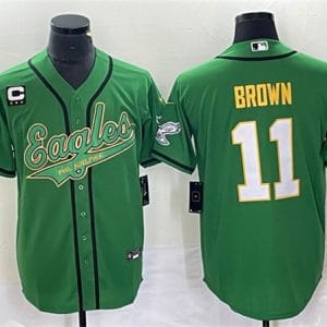 Philadelphia Eagles #11 A. J. Brown Green Gold With C Patch Cool Base Stitched Jersey