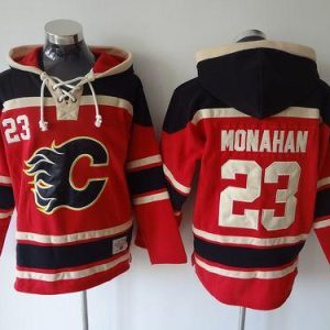 Flames #23 Sean Monahan Red Sawyer Hooded Sweatshirt Stitched Jersey